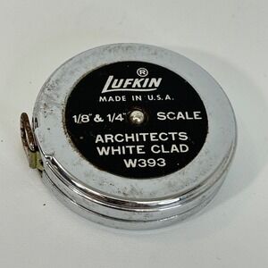 Vintage Lufkin W393 Architects White Clad Tape Measure 1/8 1/4 Scale USA Chrome